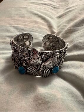 Novadab Silver Color Butterfly Floral Adjustable Cuff Bracelet Turquoise Accents